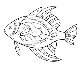 Fototapeta premium Vector Illustration of hand drawn fish. Black and white vector illustration for coloring book. Beautiful drawings with patterns and small details.