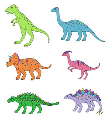 Vector Illustration of dinosaurs. Beautiful drawings with patterns and small details. Cartoon dinosaurs set.