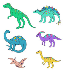 Vector Illustration of dinosaurs. Beautiful drawings with patterns and small details. Cartoon dinosaurs set.