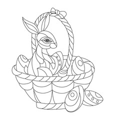 Vector Illustration of Easter rabbit. Black and white vector illustration for coloring book. Beautiful drawings with patterns and small details. Easter rabbit in basket full of decorated Easter eggs.