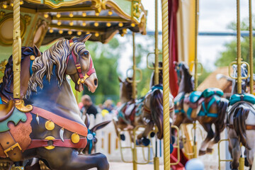 Children's carousel with retro-style horses. A fragment of a multi-colored vintage carousel in the...