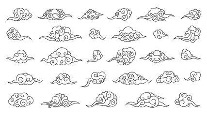 Oriental line clouds. Chinese Japanese Korean Asian outline ornamental pattern, curly decorative cloudy sky background. Vector Tibetan festive graphic set