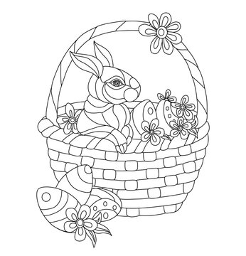 Vector Illustration of Easter rabbit. Black and white vector illustration for coloring book. Beautiful drawings with patterns and small details. Easter rabbit in basket full of decorated Easter eggs.