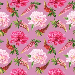 Zelfklevend Fotobehang Watercolor summer flowers - colorful peonies in botanical styl. Seamless pattern © Irina