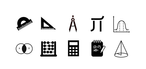 Matematyka zestaw ikon, ekierka, kątomierz, cyrkiel, kalkulator, obliczenia, geometria, liczydło ,