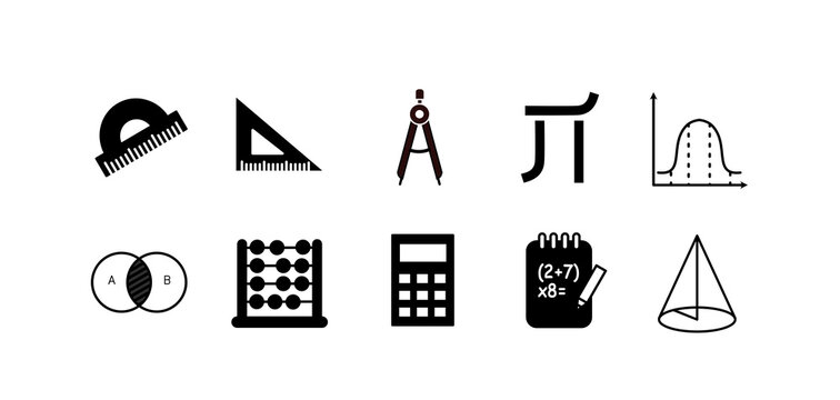 Matematyka zestaw ikon, ekierka, kątomierz, cyrkiel, kalkulator, obliczenia, geometria, liczydło ,