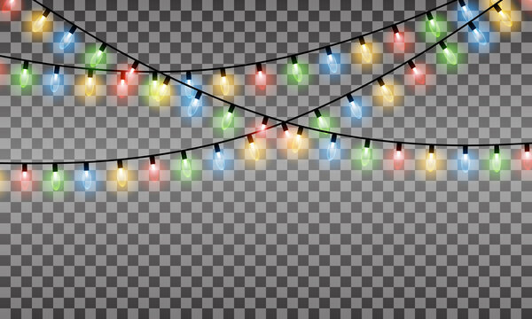 Bright Christmas Lights. Colorful Christmas lights. Vector lights on a transparent background.