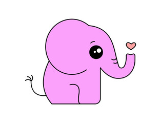 Cute pink elephant. Kawaii baby elephant with heart. Funny animal cartoon character illustration. Elephant sitting. Childish drawing with outline. Nursery decoration. Greeting card. Vector, clip art.