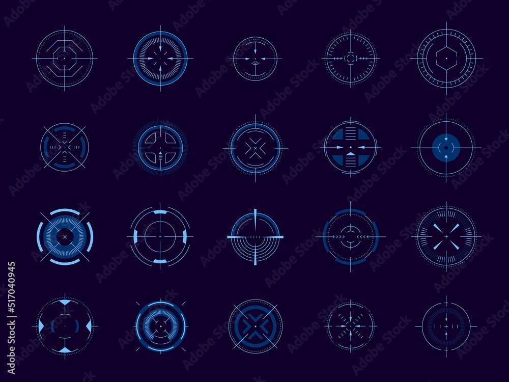 Poster futuristic aim pointer. circle hud user interface element, weapon collimator round aim, digital focu