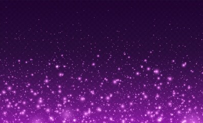 Magic sparkles, purple fairy stardust with sparks. Shiny flying particles, cosmic dust with glowing flares isolated on a dark background. Vector illustration.