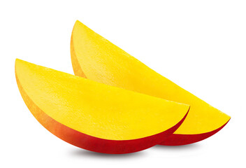 Mango isolated. Two juicy slices of ripe mango. Fresh fruits.