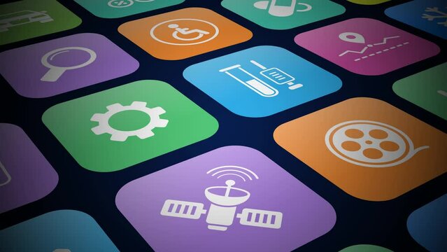 App 3d - Monitor with apps icons set - Set of applications symbols on mobile device screen - 3d 4K animation