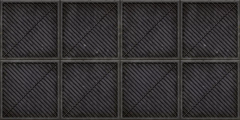 Schilderijen op glas Seamless steel floor plate background texture. Tileable industrial rusted scratched metal grate or grille bulkhead panel pattern. 8K high resolution silver grey rough metallic iron 3D rendering.. © Unleashed Design