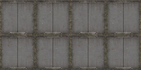 Seamless steel floor plate background texture. Tileable industrial rusted scratched metal grate or grille bulkhead panel pattern. 8K high resolution silver grey rough metallic iron 3D rendering..