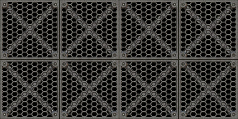 Seamless steel floor plate background texture. Tileable industrial rusted scratched metal grate or grille bulkhead panel pattern. 8K high resolution silver grey rough metallic iron 3D rendering.. - obrazy, fototapety, plakaty