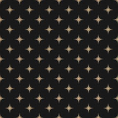 Vector geometric texture with small golden stars, diamonds, floral silhouettes. Abstract black and gold seamless pattern. Simple minimal background. Luxury repeat design for decor, fabric, package