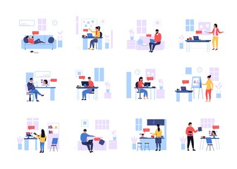 Online course. Cartoon scenes of persons learning at home with laptop and computer, teachers and students studying. Vector remote lessons concept set