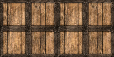 Seamless wood barrel or wooden crate or shipping box background texture. Tileable rustic grunge redwood or oak planks with wooden straps. Vintage winery freight or storage concept 3D rendering..