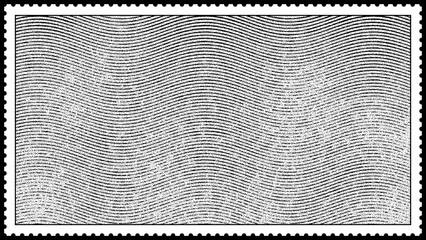 Vintage blank postage stamp grunge background texture template. Black and white engraved halftone pattern with perforated stamp border frame. Retro antique postage concept backdrop or wallpaper..
