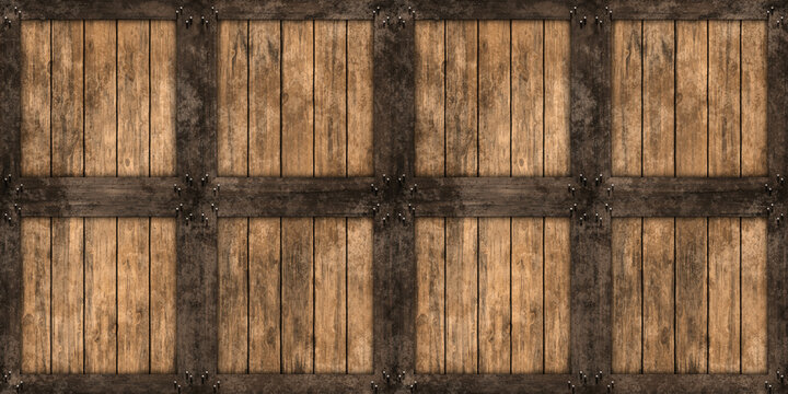 Seamless wood barrel or wooden crate or shipping box background texture. Tileable rustic grunge redwood or oak planks with wooden straps. Vintage winery freight or storage concept 3D rendering..