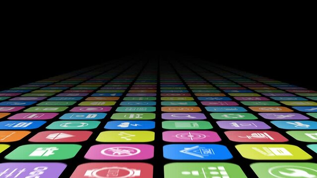 App 3d - Monitor with apps icons set - Set of applications symbols on mobile device screen - 3d 4K animation