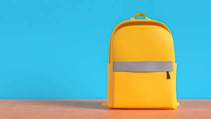 Yellow backpack on blue background. Bag with shoulder straps, satchel rucksack. School stationery. Education day concept. 3d Rendering illustration.
