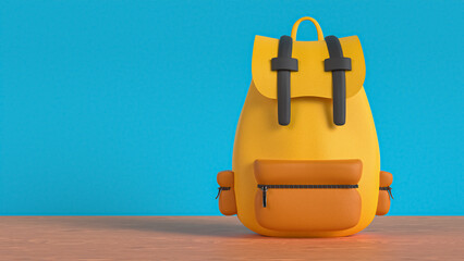 Fototapeta premium Yellow backpack on blue background. Bag with shoulder straps, satchel rucksack. School stationery. Education day concept. 3d Rendering illustration.