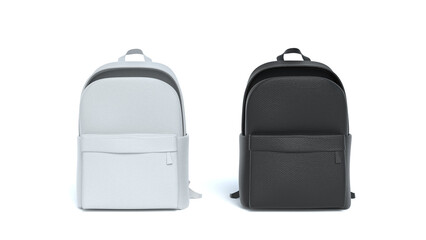 Black-white backpacks on white isolated background. Bag with shoulder straps, satchel rucksack. School stationery. Education day concept. 3d Rendering illustration.