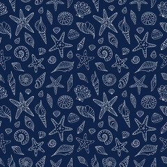 Seamless vector pattern with sketch of seashells and starfish. Sea seamless vector pattern. Decoration print for wrapping, wallpaper, fabric.	