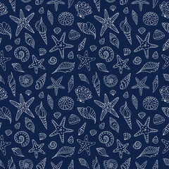 Seamless vector pattern with sketch of seashells and starfish. Sea seamless vector pattern. Decoration print for wrapping, wallpaper, fabric.	