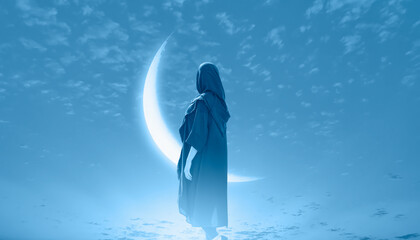 Ramadan Concept - Beautiful girl wearing abaya with crescent moon in the background