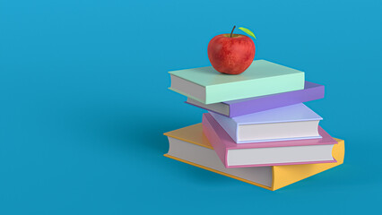 Red apple on different book stack. On blue background. Education and study back to school concept. Delicious round juicy fruit. 3d rendering illustration.