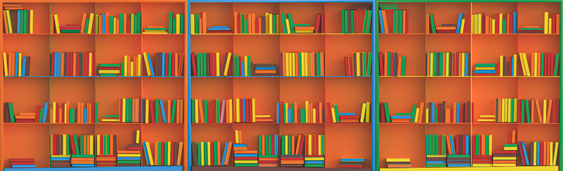 Fototapeta premium Colorful different size books on orange bookshelf. Studying, education, and e-learning concepts. Education day, success concept. 3d Rendering illustration.