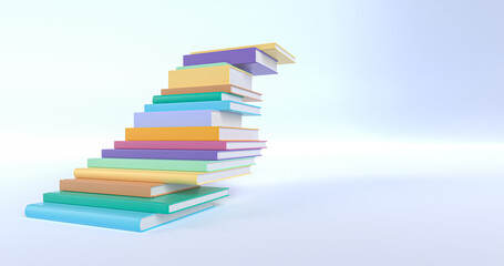 Stairs ladder of colorful books on blue background. Studying, education, and e-learning concepts. Education day, Success concept. 3d Rendering illustration.