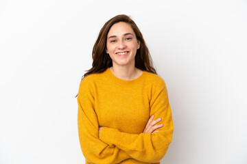 Young caucasian woman isolated on white background keeping the arms crossed in frontal position