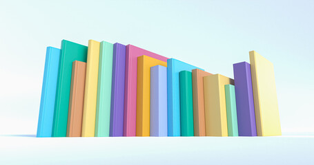 Colorful different size books on row on white background. Studying, education, and e-learning concepts. Education day, success concept. 3d Rendering illustration.