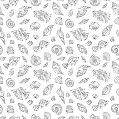 Seamless vector pattern with sketch of sea fish, sea shells and starfish. Sea seamless vector pattern. Decoration print for wrapping, wallpaper, fabric.
