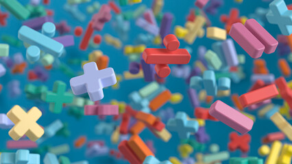 Sign of addition, subtraction, multiplication and division. On blue background. Different and colorful signs. Education or school concept. 3d rendering illustration.