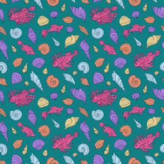 Seamless vector pattern with sketch of sea fish, and seashells. Sea seamless vector pattern. Decoration print for wrapping, wallpaper, fabric.	