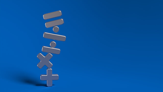 Sign of addition, subtraction, multiplication and division. On blue background. Grey colored signs. Education or school concept. 3d rendering illustration.