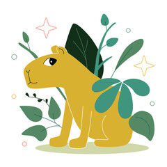 Vector cute flat illustration Capybara sits in the leaves in the grass in the jungle