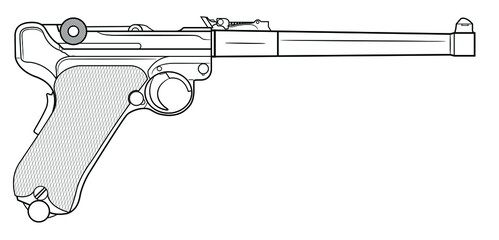 Vector illustration of the German P08 Luger automatic pistol in the artillery version with a long barrel on a white background