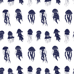 Seamless vector pattern with sketch of jellyfish. Sea seamless vector pattern. Decoration print for wrapping, wallpaper, fabric.