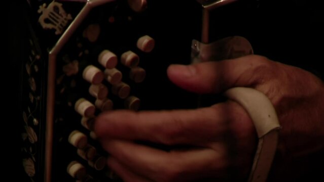 Hand of a Bandoneon Tango Player in Buenos Aires, Argentina. Close Up. 
