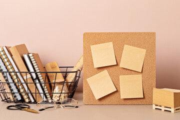 Cork board mockup, desktop organizer with school stationary and office supplies. Back to school,...