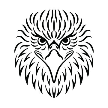 Mascot head of an eagle. Vector illustration emblem. Image of an eagle's head in black strokes on a white background. Calligraphic drawing. Can be used for printing on t-shirts, posters, stickers.