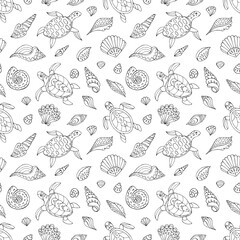 Seamless vector pattern with sketch of turtles and sea shells. Sea seamless vector pattern. Decoration print for wrapping, wallpaper, fabric.	