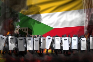 Comoros police squad on city street are protecting order against mutiny - protest stopping concept, military 3D Illustration on flag background