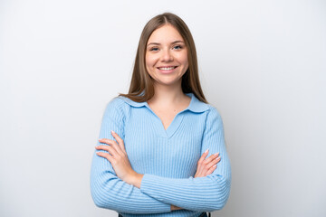 Young Lithuanian woman isolated on white background keeping the arms crossed in frontal position