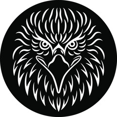 Mascot head of an eagle. Vector illustration emblem. Image of an eagle's head with white strokes on a black background. Calligraphic drawing. Can be used for printing on t-shirts, posters, stickers.